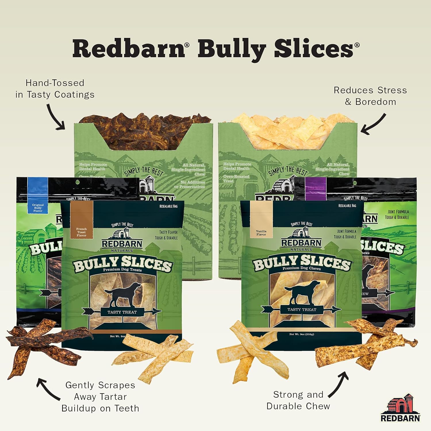Redbarn Bully Slices for Dogs, Highly Palatable, Long-Lasting Natural Dental Treats with Functional Ingredients, 9 oz. - Peanut Butter