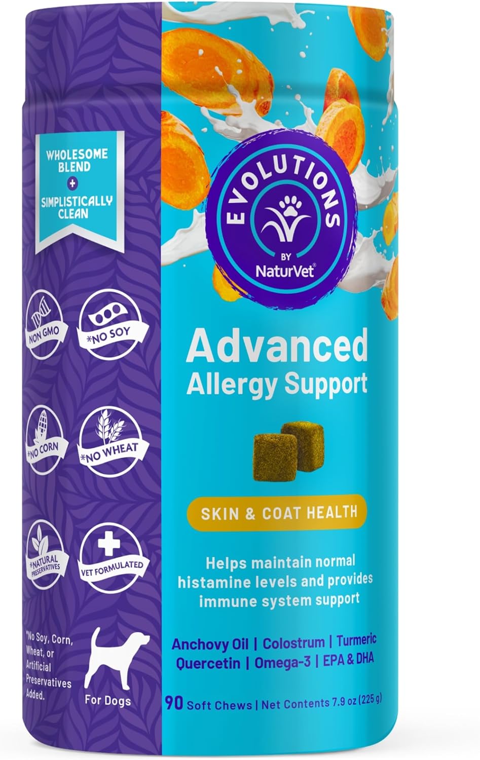 NaturVet Evolutions Advanced Allergy Support 90ct Soft Chews for Dogs - Omega-3, Anchovy Oil, Colostrum, Turmeric, Quercetin, Probiotic - Helps Maintain Normal Histamine Levels