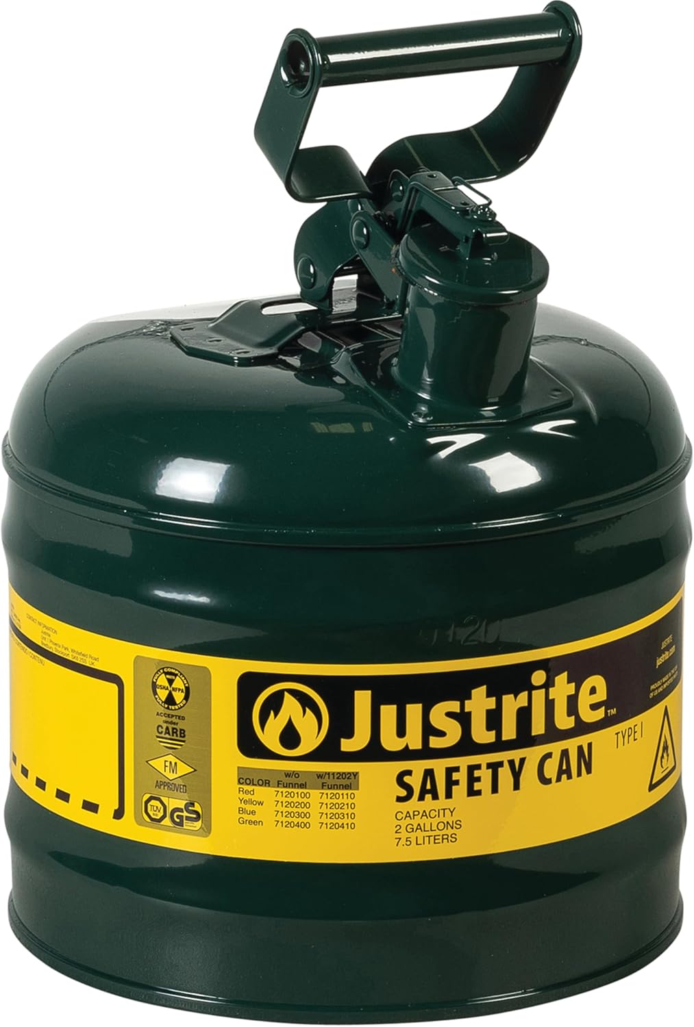 Justrite 2 Gallon Type I Green Safety Can for Oil with Flame Arrester and Self-Closing Lid, Made in the USA, Galvanized Steel Flammable Storage Can, 7120400