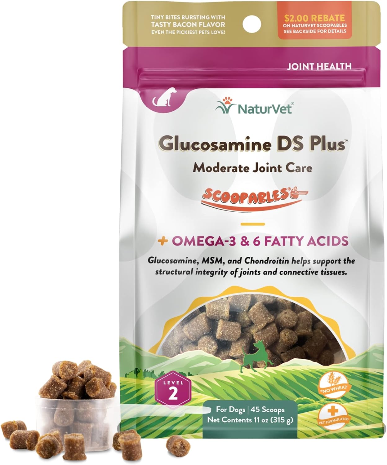 NaturVet Scoopables Dog Joint Supplement - Glucosamine DS Plus Level 2 Moderate Hip & Joint Care for Dogs w/Chondroitin & MSM - Hickory Smoked Bacon Flavored Pet Health Supplements | 11oz Bag