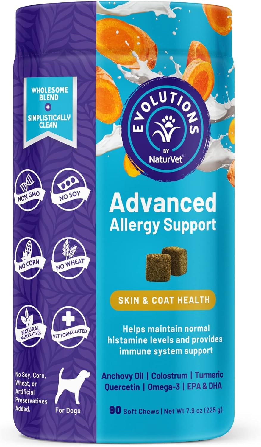 NaturVet Evolutions Advanced Allergy Support 90ct Soft Chews for Dogs - Omega-3, Anchovy Oil, Colostrum, Turmeric, Quercetin, Probiotic - Helps Maintain Normal Histamine Levels