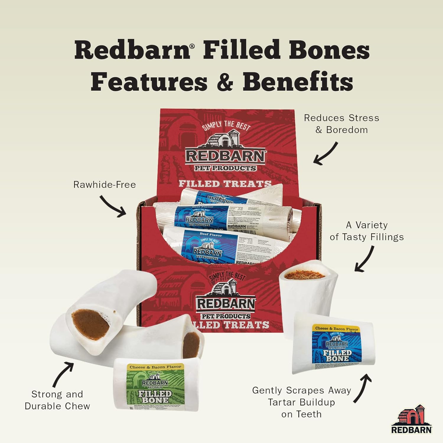 Redbarn Filled Dog Bones Peanut Butter, Cheese N' Bacon, Beef, Natural Long-Lasting Dental Treats; Suitable for Aggressive Chewers. Beef, Small 3