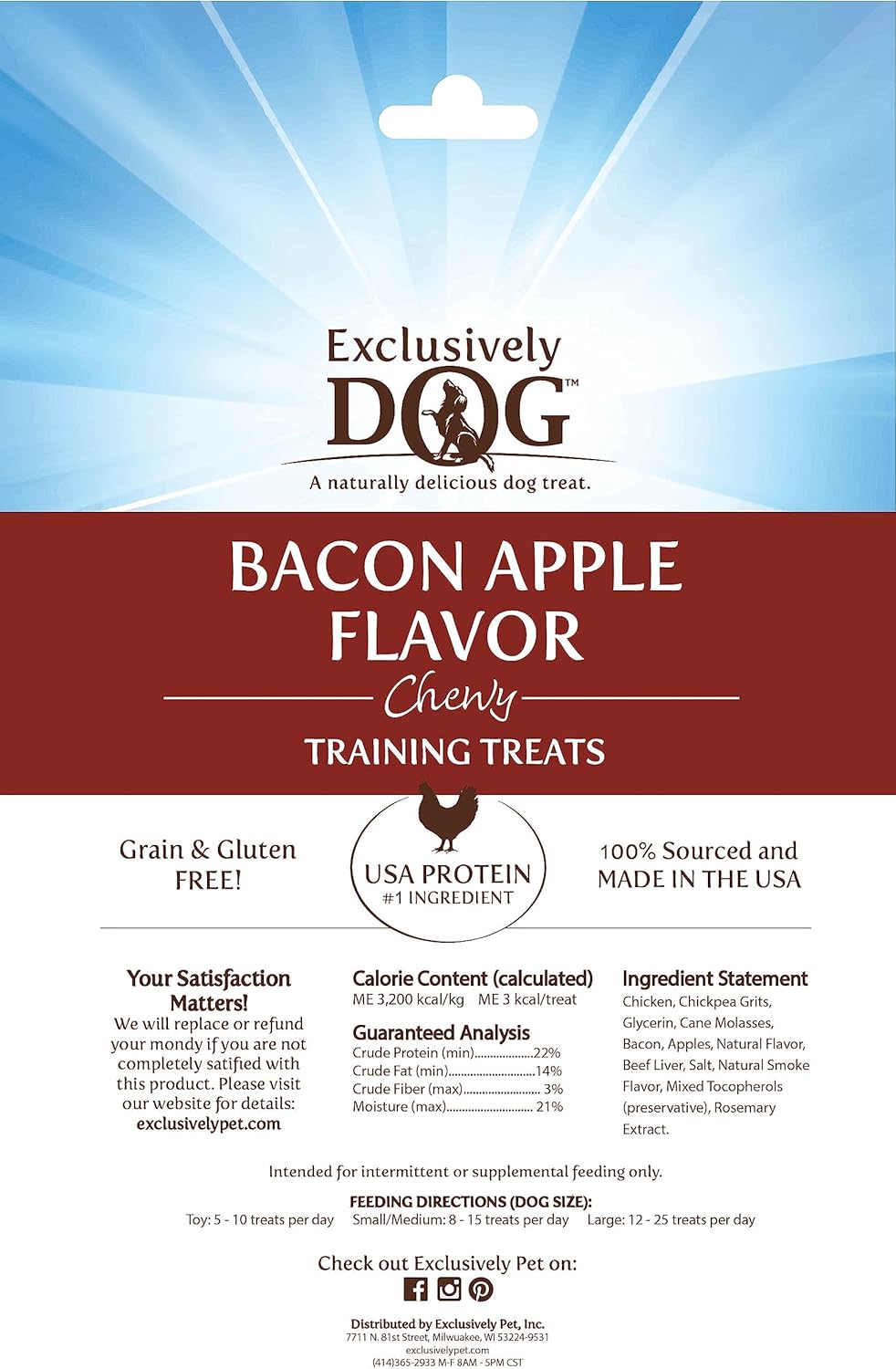 Exclusively Dog Chewy Training Treats Bacon Apple Flavor Grain Free Gluten Free 6 oz.