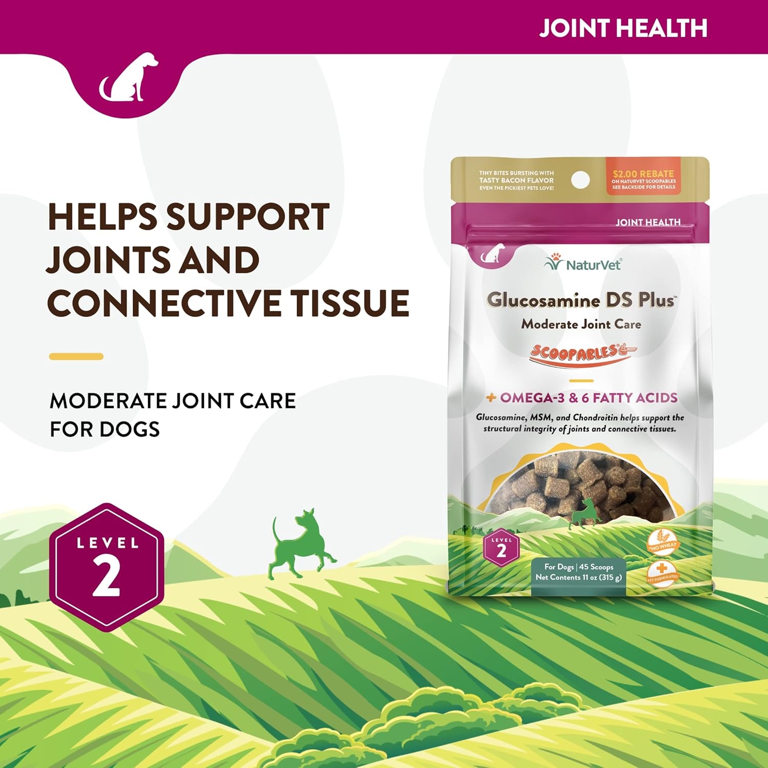 NaturVet Scoopables Dog Joint Supplement - Glucosamine DS Plus Level 2 Moderate Hip & Joint Care for Dogs w/Chondroitin & MSM - Hickory Smoked Bacon Flavored Pet Health Supplements | 11oz Bag