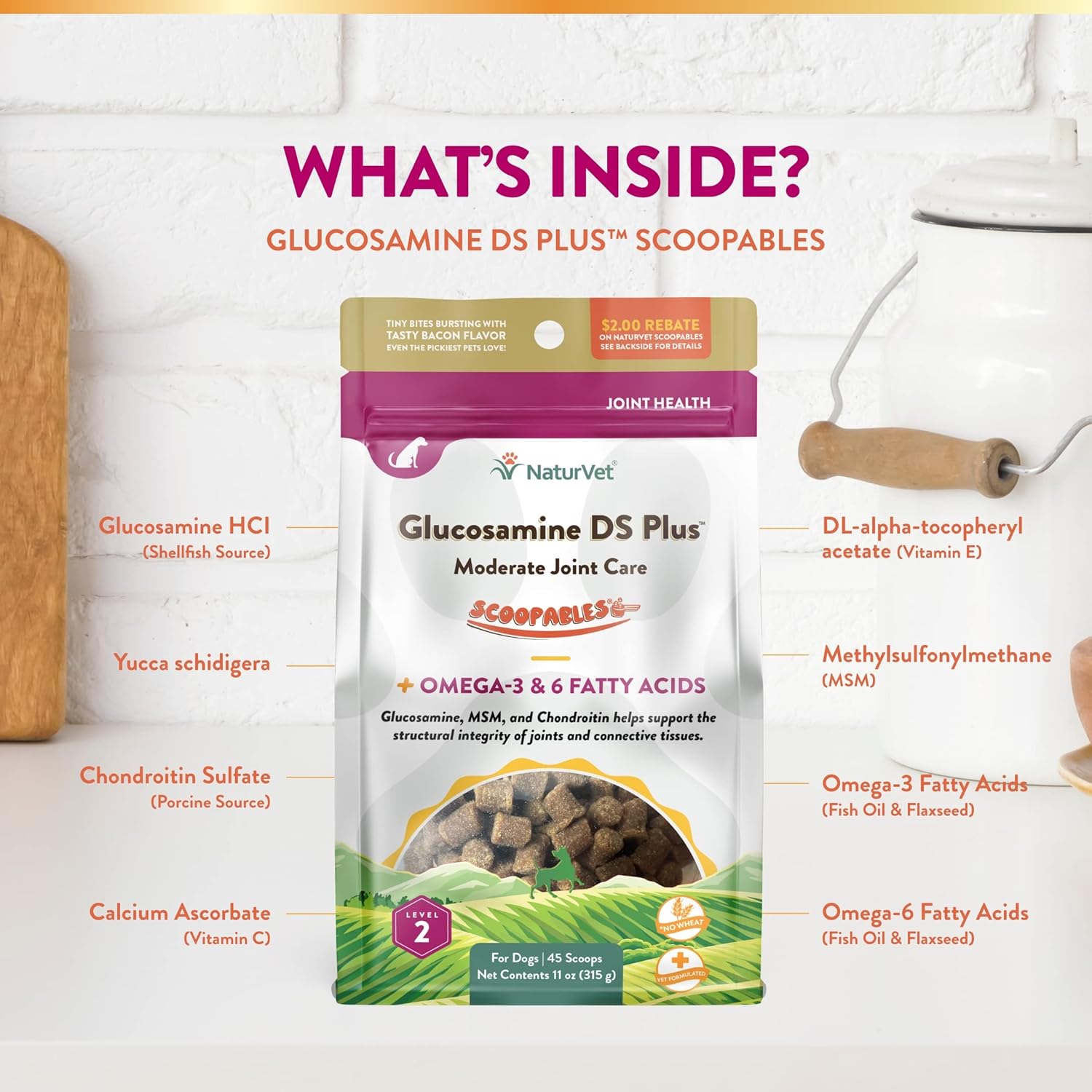 NaturVet Scoopables Dog Joint Supplement - Glucosamine DS Plus Level 2 Moderate Hip & Joint Care for Dogs w/Chondroitin & MSM - Hickory Smoked Bacon Flavored Pet Health Supplements | 11oz Bag