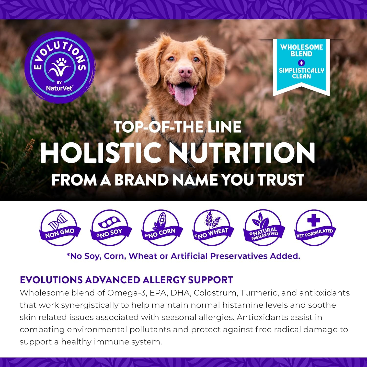 NaturVet Evolutions Advanced Allergy Support 90ct Soft Chews for Dogs - Omega-3, Anchovy Oil, Colostrum, Turmeric, Quercetin, Probiotic - Helps Maintain Normal Histamine Levels