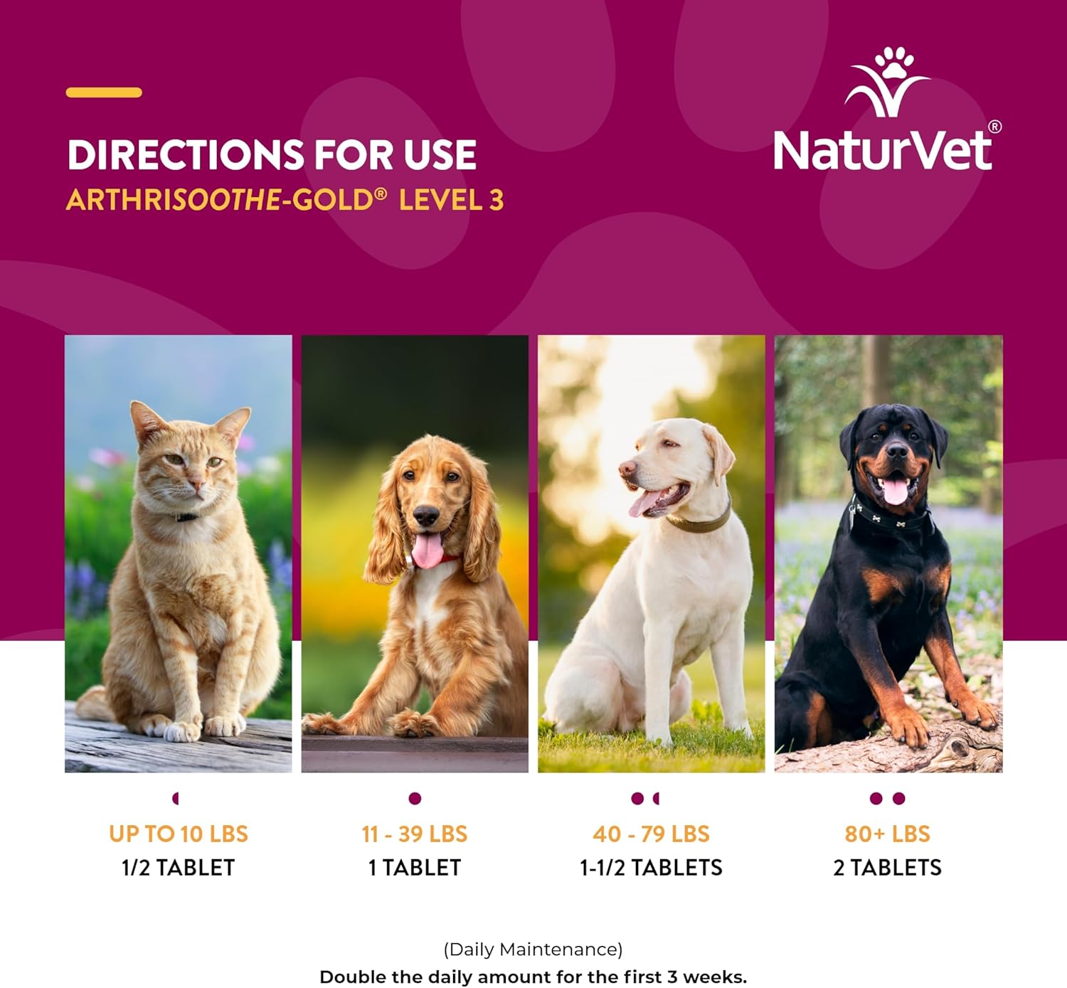 NaturVet ArthriSoothe-Gold Level 3, MSM and Glucosamine for Dogs and Cats, Advanced Joint Care Support Supplement with Chondroitin and Omega 3, Clinically Tested, Chewable Tablets, Made in The USA