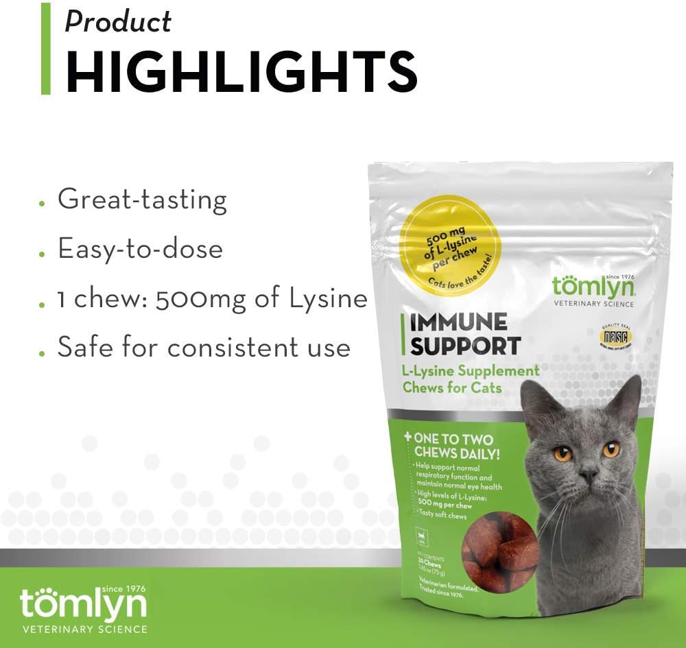 Tomlyn Immune Support Daily L-Lysine Supplement, Fish-Flavored Lysine Chews for Cats and Kittens, 30ct