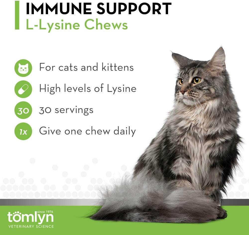 Tomlyn Immune Support Daily L-Lysine Supplement, Fish-Flavored Lysine Chews for Cats and Kittens, 30ct