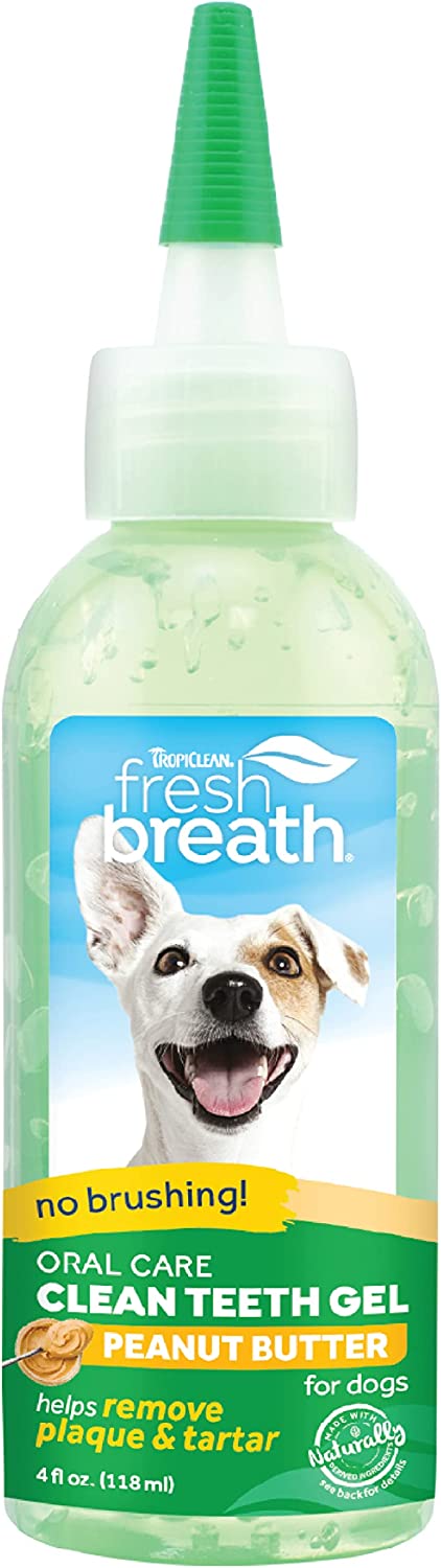 TropiClean Fresh Breath NO BRUSH Peanut Butter Flavor Clean Teeth Oral Care Gel for Dogs, 4oz - Dental Care Toothpaste Gel Helps Remove Plaque & Tartar + Breath Freshener Peanut Butter 4 Fl Oz (Pack of 1)