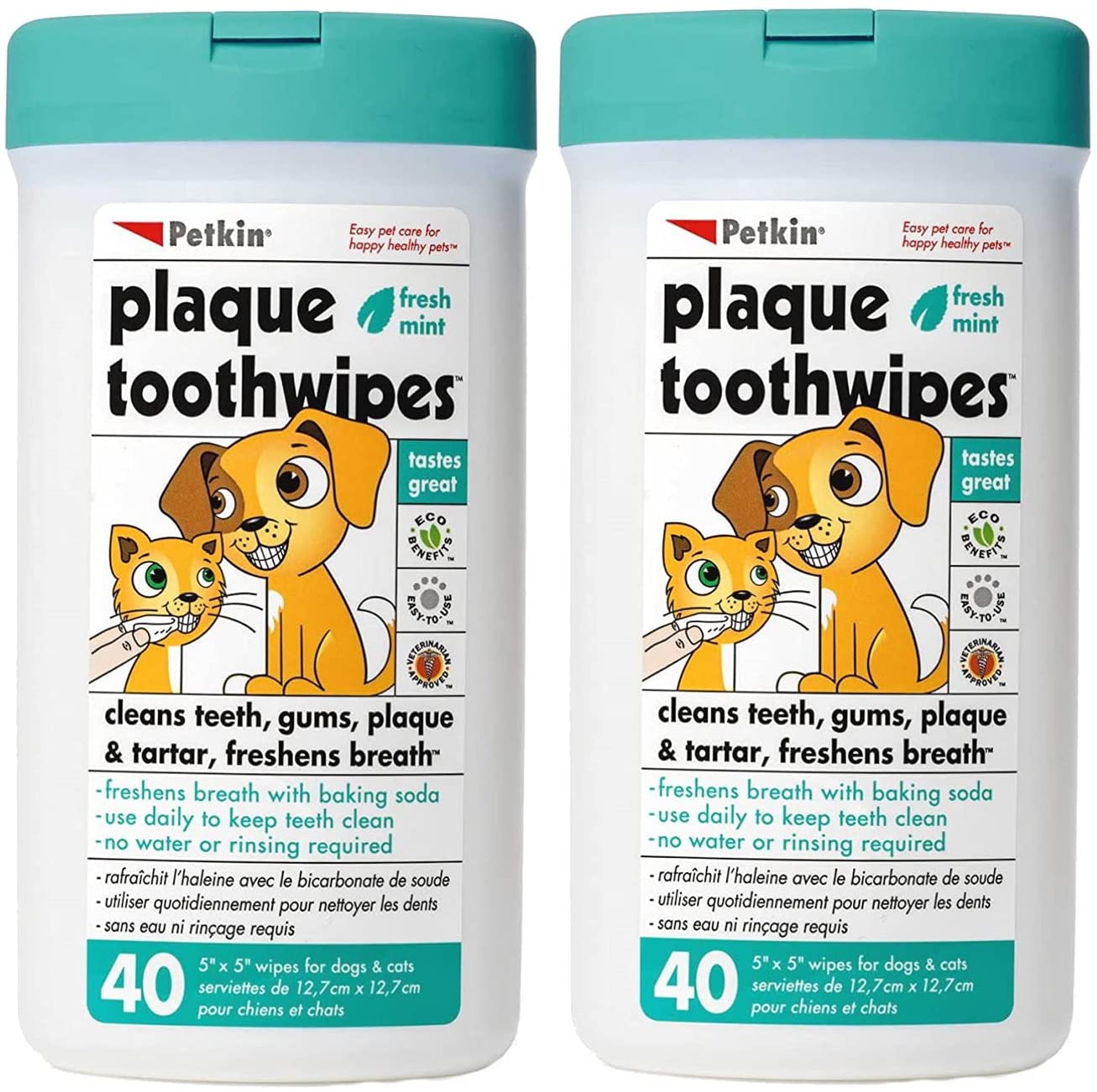 Petkin Plaque Toothwipes, Fresh Mint Wipes - Natural Formula Cleans Teeth, Gums & Freshens Breath - Convenient, & Easy to Use Oral Care Dental Pet Wipes for Dogs, Cats, Puppies & Kittens 2 Pack - 80 Wipes