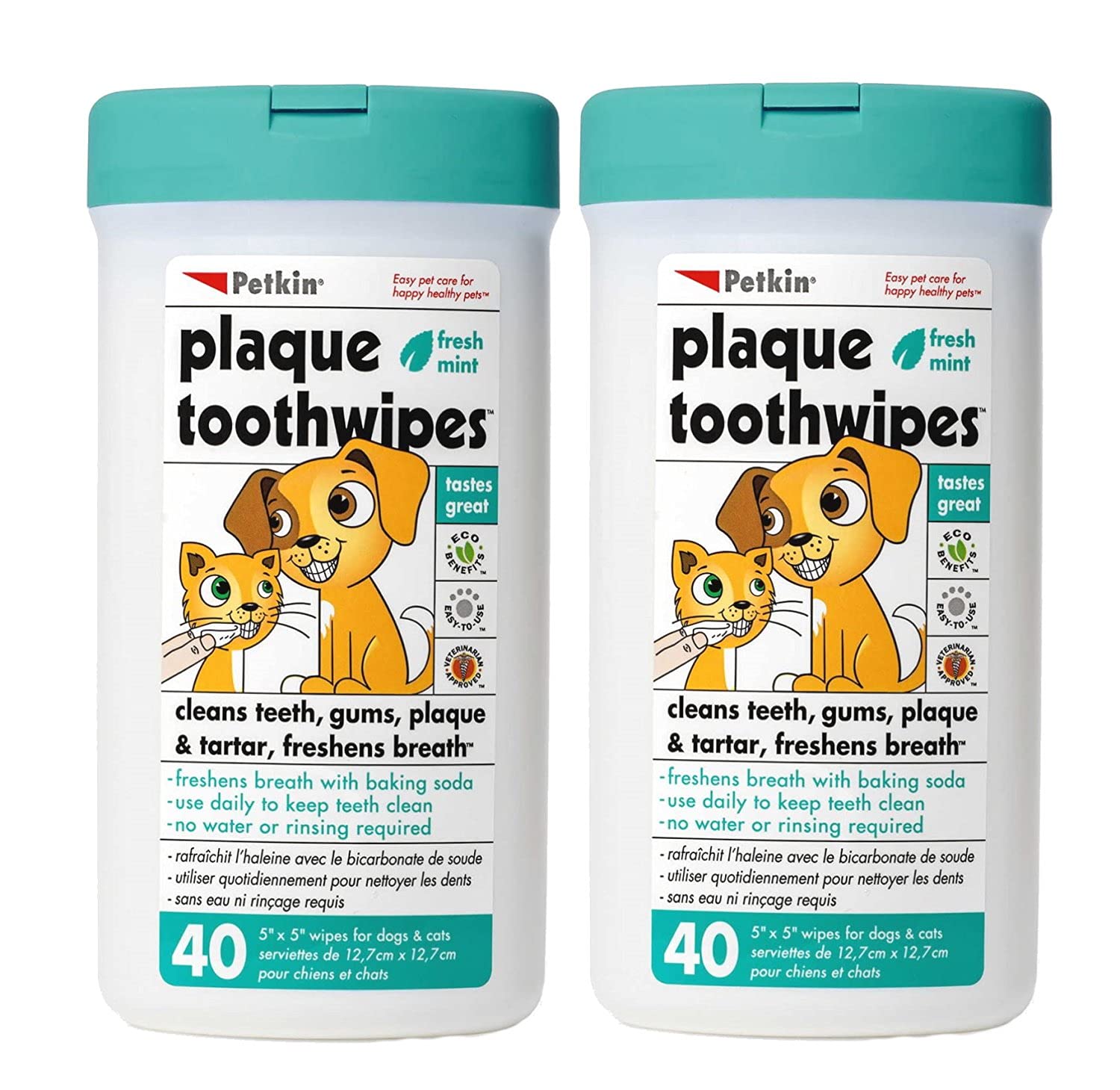 Petkin Plaque Toothwipes, Fresh Mint Wipes - Natural Formula Cleans Teeth, Gums & Freshens Breath - Convenient, & Easy to Use Oral Care Dental Pet Wipes for Dogs, Cats, Puppies & Kittens 2 Pack - 80 Wipes