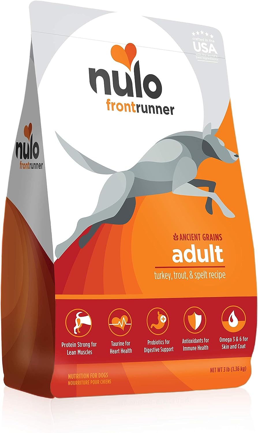 Nulo Frontrunner Dry Dog Food for Adult Dogs - Grain Inclusive Recipe with Turkey, Trout, & Spelt - All Natural with High Taurine Levels - Animal Protein for Lean Strong Muscles, Orange, 3 lb