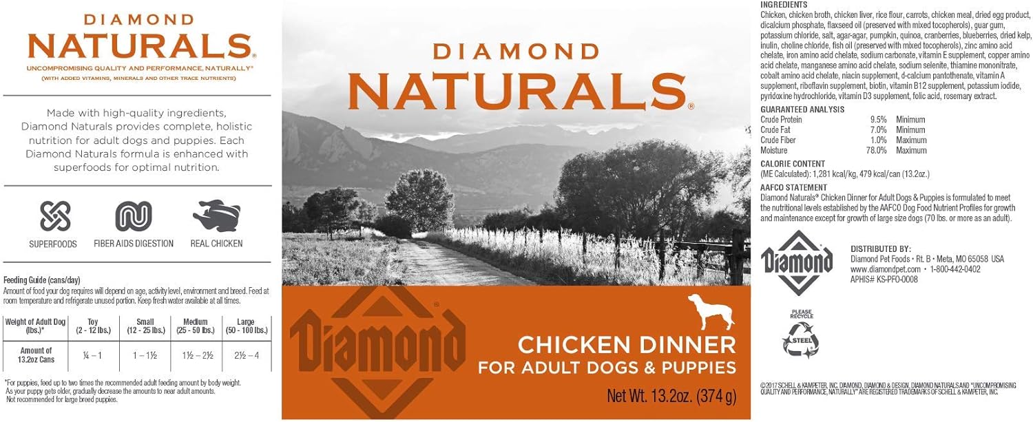 Diamond Naturals Adult Dogs and Puppies Canned Food, Chicken Dinner, 13 oz (12 Pack)