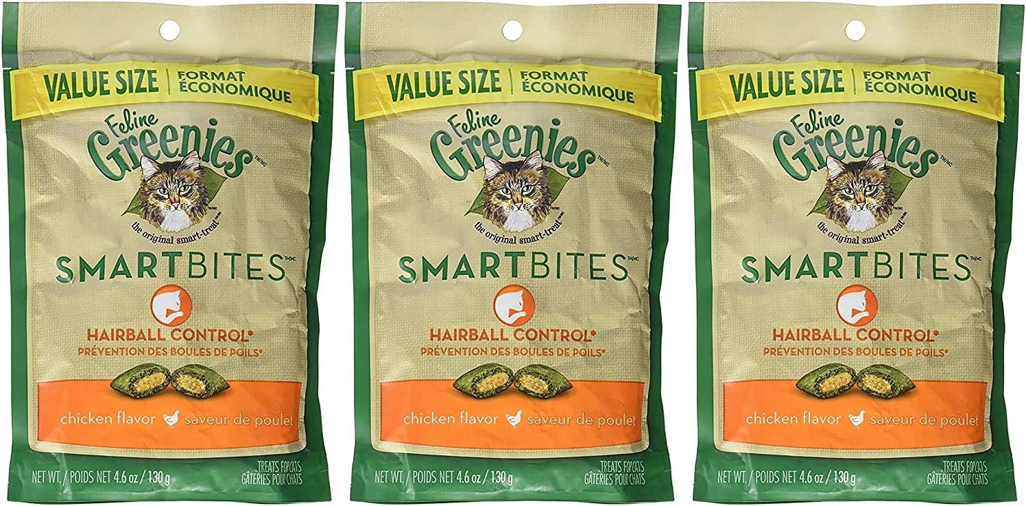 (3 Pack) Feline Greenies SMARTBITES Hairball Control, Chicken Flavor (4.6 oz Per Pack)