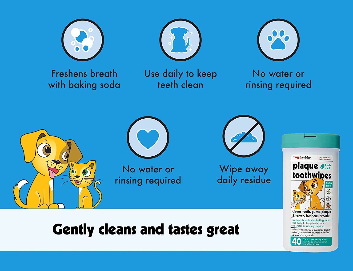 Petkin Plaque Toothwipes, Fresh Mint Wipes - Natural Formula Cleans Teeth, Gums & Freshens Breath - Convenient, & Easy to Use Oral Care Dental Pet Wipes for Dogs, Cats, Puppies & Kittens 2 Pack - 80 Wipes