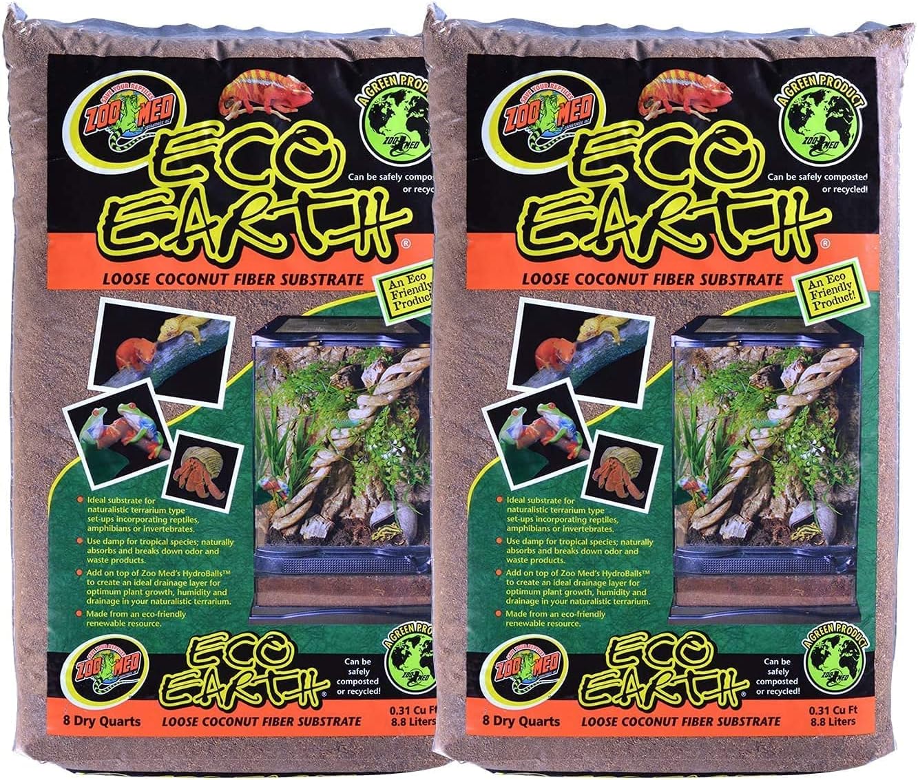 Zoo Med Eco Earth All-Natural Loose Coconut Fiber, Safely Composted, Tropical Substrate for Reptiles (8 Quarts, 2-Pack)