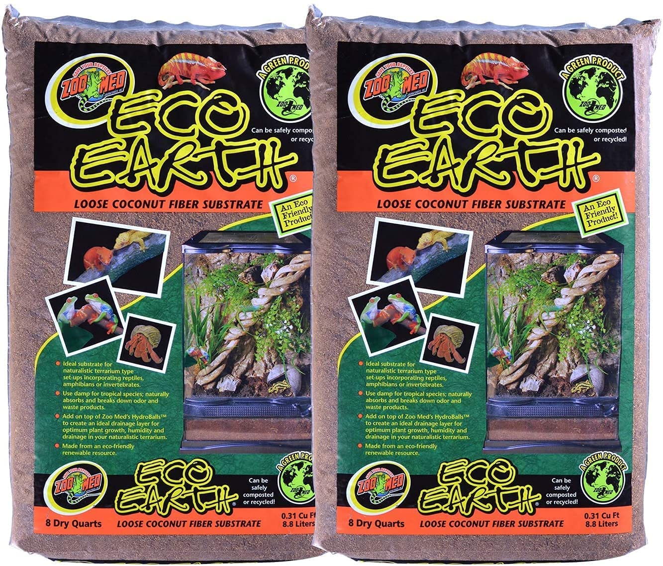 Zoo Med Eco Earth All-Natural Loose Coconut Fiber, Safely Composted, Tropical Substrate for Reptiles (8 Quarts, 2-Pack)