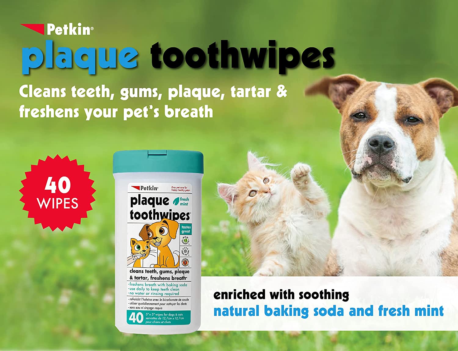 Petkin Plaque Toothwipes, Fresh Mint Wipes - Natural Formula Cleans Teeth, Gums & Freshens Breath - Convenient, & Easy to Use Oral Care Dental Pet Wipes for Dogs, Cats, Puppies & Kittens 2 Pack - 80 Wipes