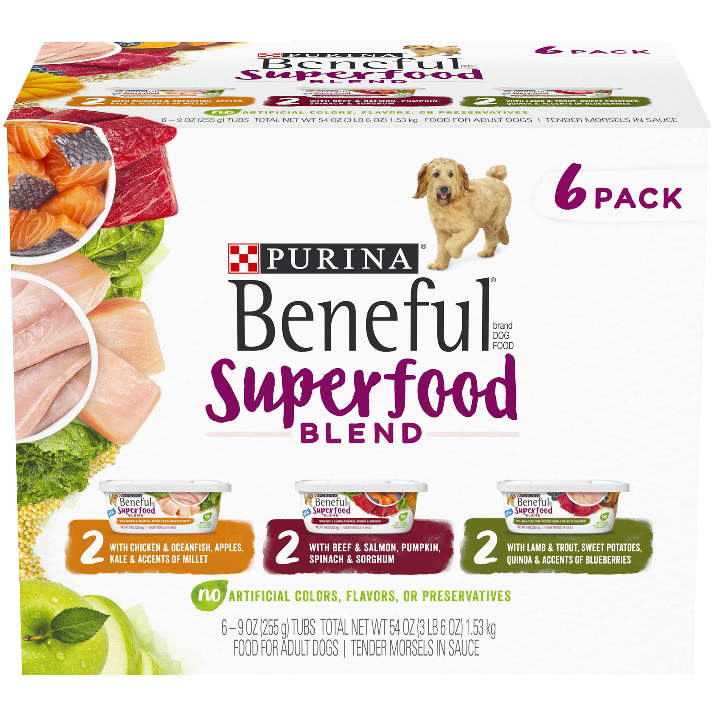 Purina Beneful Wet Dog Food, Superfood Blend Variety Pack - (4 Packs of 6) 9 oz. Tubs Variety Pack 9 Ounce (Pack of 24)