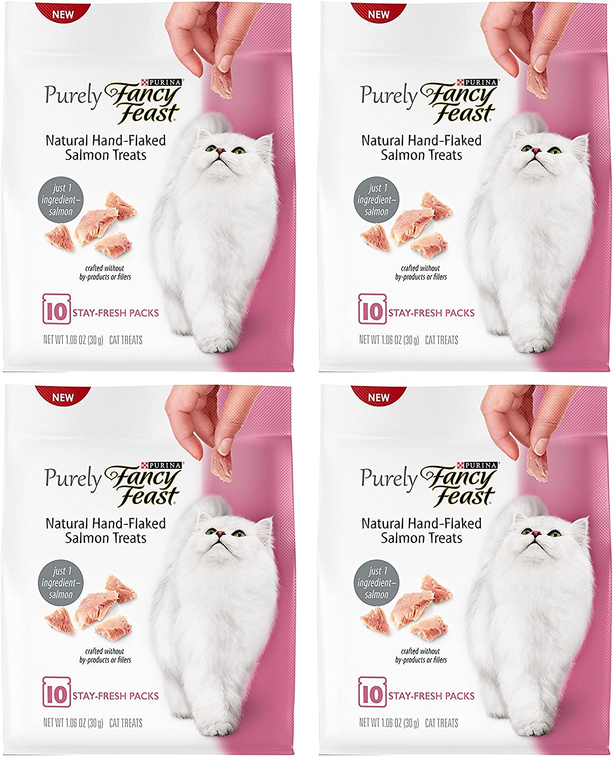 Fancy Feast Cat Treats - Natural Hand-Flaked Salmon Treats - 10 Count Treats Per Pouch - Pack of 4 Pouches